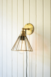 Antique Brass Wall Lamp With Caged Glass Shade