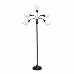 Simple Designs 5 Light Adjustable Gooseneck Black Floor Lamp with White Shades