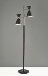 Two Light Brass Cinch Floor Lamp in Black Metal