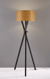 Architectonic Black Wood Tripod Floor Lamp with Rustic Wood Grain Shade