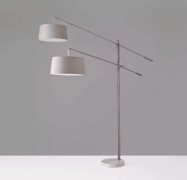 Two Light Adjustable Long Arm Floor Lamp in Brushed Steel