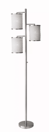 Three Light Floor Lamp Brushed Steel with White Fabric Lanterns