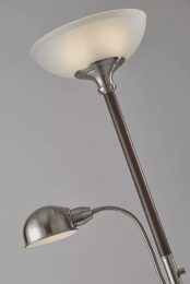 Two Light Combo Floor Lamp Wood Brushed Steel Torchiere with Frosted Glass Dome Shade and Reading Light with Brushed Steel Dome Shade
