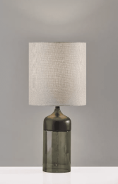 Tall Black Wood Smoked Glass Base with Lightly Textured Round Shade Table Lamp