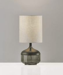 Petite Black Wood Smoked Glass Base with Lightly Textured Round Shade Table Lamp