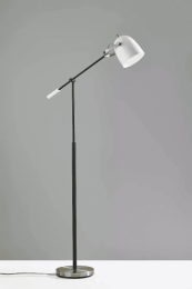 Matte Black and Antique Brass Metal Floor Lamp with Adjustable Arm and White Metal Shade