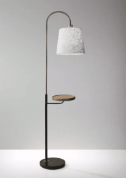 Antique Brass And Black Metal Floor Lamp With USB Charging Station Wood Shelf