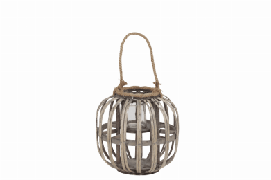 Lattice Design Round Lantern with Glass Hurricane Candle Holder,Small,Brown