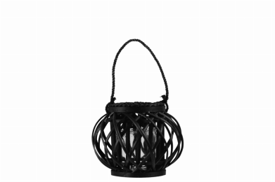 Bellied Shaped Lattice Design Lantern with Glass Candle Holder,Small,Black