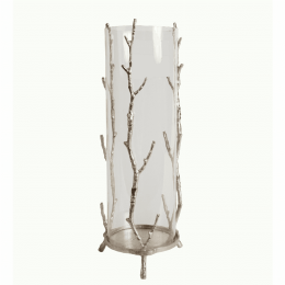 Cylindrical Glass Lantern with Metal Branch Like Body, Medium, Silver