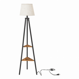 Tapered Drum Shade Floor Lamp with 2 Open Shelves, White and Black