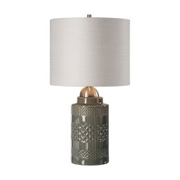 DunaWest Fabric Wrapped Drum Shade Table Lamp with Ceramic Base,White and Brown