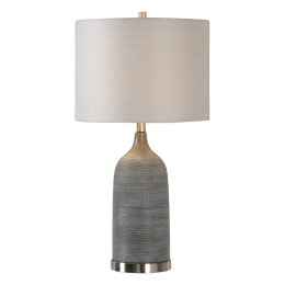 DunaWest Fabric Drum Shade Table Lamp with Ceramic Base, Bronze and Cream