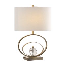 DunaWest Drum Shade Table Lamp with Oval Ring and Crystal Accent,White and Gold