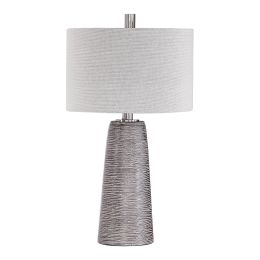 DunaWest Drum Shade Table Lamp with Tapered and Textured Base, Gray and Beige