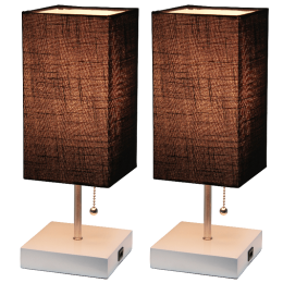 Simple Designs Petite White Stick Lamp with USB Charging Port and Fabric Shade 2 Pack Set (Color: BLACK SHADE/WHITE BASE)