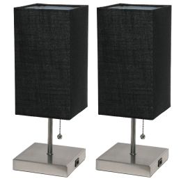 Simple Designs Petite Stick Lamp with USB Charging Port and Fabric Shade 2 Pack Set (Color: BLACK SHADE/BRUSHED NICKEL BASE)