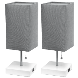 Simple Designs Petite White Stick Lamp with USB Charging Port and Fabric Shade 2 Pack Set (Color: GREY SHADE/WHITE BASE)