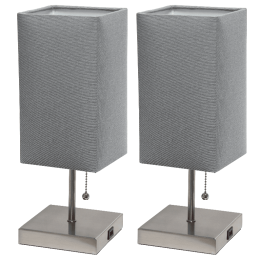 Simple Designs Petite Stick Lamp with USB Charging Port and Fabric Shade 2 Pack Set (Color: GREY SHADE/BRUSHED NICKEL BASE)