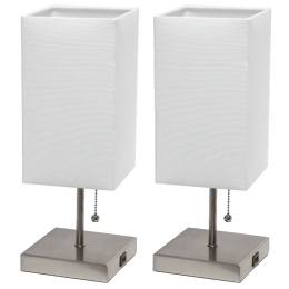 Simple Designs Petite Stick Lamp with USB Charging Port and Fabric Shade 2 Pack Set (Color: WHITE SHADE/BRUSHED NICKEL BASE)