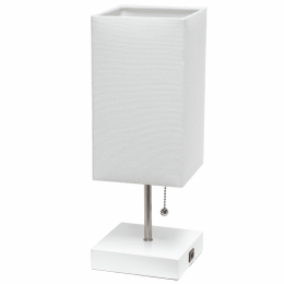 Simple Designs Petite White Stick Lamp with USB Charging Port and Fabric Shade (Color: WHITE SHADE/WHITE BASE)