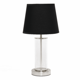 Simple Designs Encased Metal and Clear Glass Table Lamp (Color: Brushed nickel/clear glass/black shade)