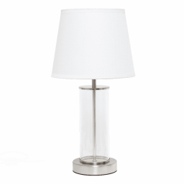Simple Designs Encased Metal and Clear Glass Table Lamp (Color: Brushed nickel/clear glass/white shade)
