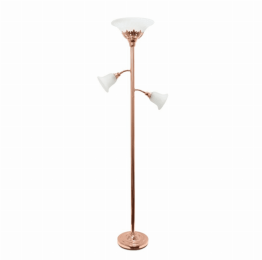 Lalia Home Torchiere Floor Lamp with 2 Reading Lights and Scalloped Glass Shades (Color: Rose Gold/White Shades)