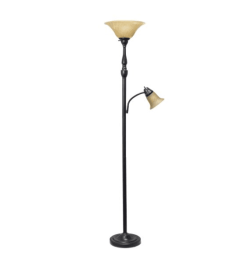 Lalia Home Torchiere Floor Lamp with Reading Light and Marble Glass Shades (Color: Restoration Bronze/Amber Shades)