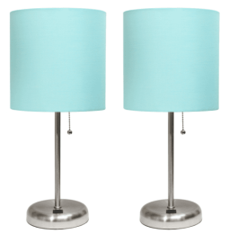 LimeLights Stick Lamp with USB charging port and Fabric Shade 2 Pack Set (Color: Brushed Steel Base/Aqua Shade)