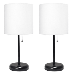 LimeLights Stick Lamp with USB charging port and Fabric Shade 2 Pack Set (Color: Black Base/White Shade)
