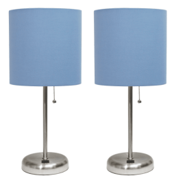 LimeLights Stick Lamp with USB charging port and Fabric Shade 2 Pack Set (Color: Brushed Steel Base/Blue Shade)