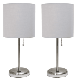LimeLights Stick Lamp with USB charging port and Fabric Shade 2 Pack Set (Color: Brushed  Steel/Gray)