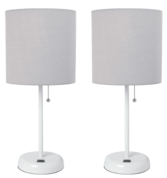 LimeLights Stick Lamp with USB charging port and Fabric Shade 2 Pack Set (Color: White Base/ Gray)