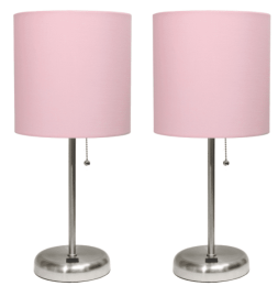 LimeLights Stick Lamp with USB charging port and Fabric Shade 2 Pack Set (Color: Brushed Steel Base/Light Pink Shade)