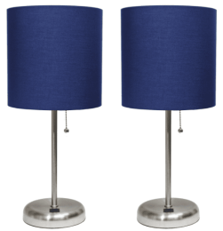 LimeLights Stick Lamp with USB charging port and Fabric Shade 2 Pack Set (Color: Brushed Steel Base/Navy Shade)