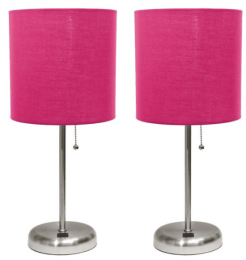 LimeLights Stick Lamp with USB charging port and Fabric Shade 2 Pack Set (Color: Brushed Steel Base/Pink Shade)