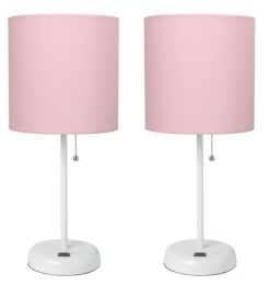 LimeLights Stick Lamp with USB charging port and Fabric Shade 2 Pack Set (Color: White Base/Light Pink Shade)