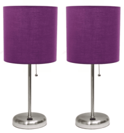 LimeLights Stick Lamp with USB charging port and Fabric Shade 2 Pack Set (Color: Brushed Steel Base/Purple Shade)