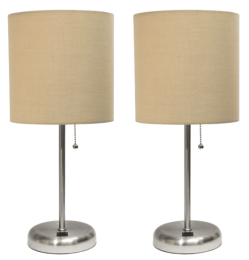 LimeLights Stick Lamp with USB charging port and Fabric Shade 2 Pack Set (Color: Brushed Steel Base/Tan Shade)