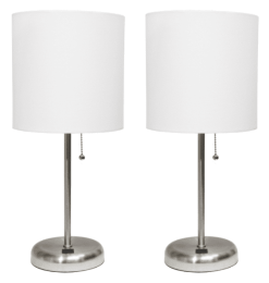 LimeLights Stick Lamp with USB charging port and Fabric Shade 2 Pack Set (Color: Brushed  Steel/White)