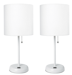 LimeLights Stick Lamp with USB charging port and Fabric Shade 2 Pack Set (Color: White Base/White Shade)