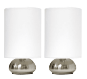 Simple Designs Gemini 2 Pack Mini Touch Lamp with Brushed Nickel Base and Fabric Shades (Color: Brushed Nickel/Ivory White)