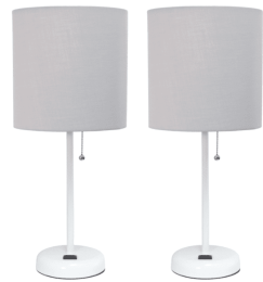 LimeLights Stick Lamp with Charging Outlet and Fabric Shade 2 Pack Set (Color: White Base/Gray Shade)