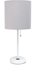 LimeLights Stick Lamp with Charging Outlet and Fabric Shade (Color: White Base/Gray Shade)