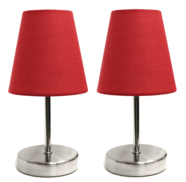 Simple Designs Sand Nickel Mini Basic Table Lamp with Fabric Shade (Set of 2) (Color: Sand Nickel/Red)