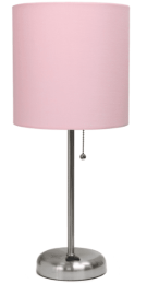 LimeLights Stick Lamp with Charging Outlet and Fabric Shade (Color: Brushed  Steel/Light Pink)