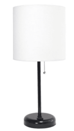 LimeLights Stick Lamp with Charging Outlet and Fabric Shade (Color: Black Base/White Shade)