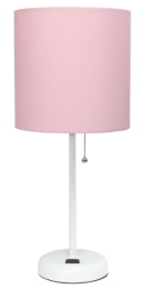 LimeLights Stick Lamp with Charging Outlet and Fabric Shade (Color: White Base/Light Pink Shade)