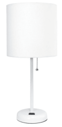 LimeLights Stick Lamp with Charging Outlet and Fabric Shade (Color: White Base/White Shade)